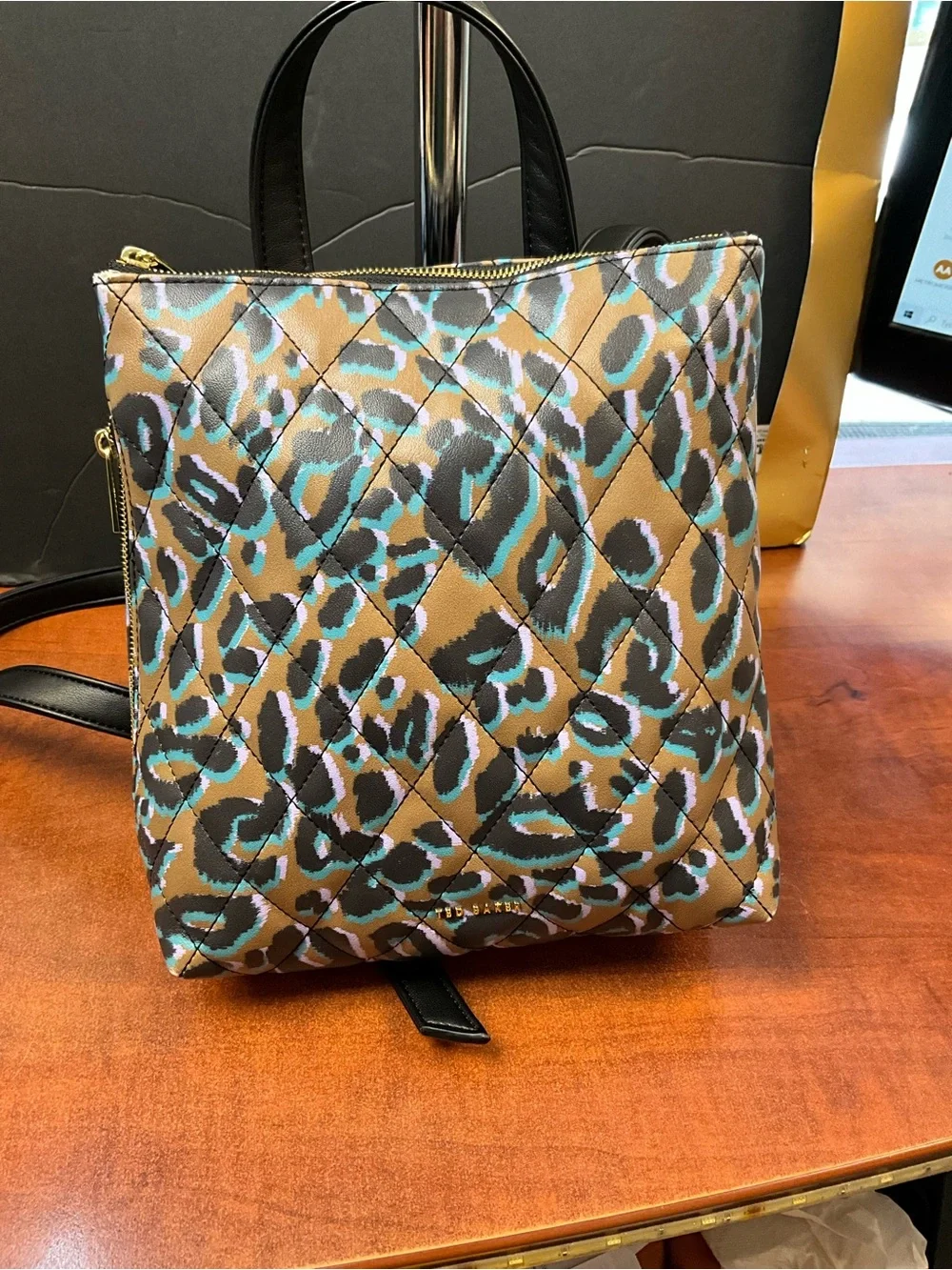 Ted Baker Tan Leopard Quilted Convertible Backpack Tote